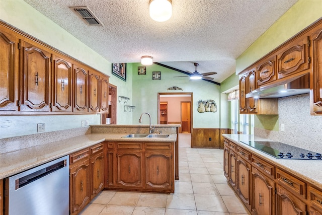 3404 Appalachian Way, Plano, TX 75075 - kitchen featuring dishwasher, black electric stovetop, ventilation hood, a peninsula, and brown cabinets