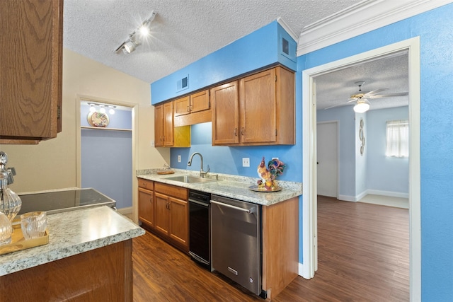 6503 Ridgecrest Rd Unit 107G, Dallas, TX 75231 - kitchen featuring stainless steel dishwasher, a textured ceiling, dark wood finished floors, light countertops, and brown cabinetry