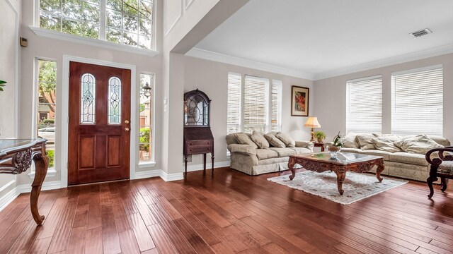 6740 Magnum Dr, Plano, TX 75024 - entrance foyer with dark wood-style floors, plenty of natural light, and ornamental molding