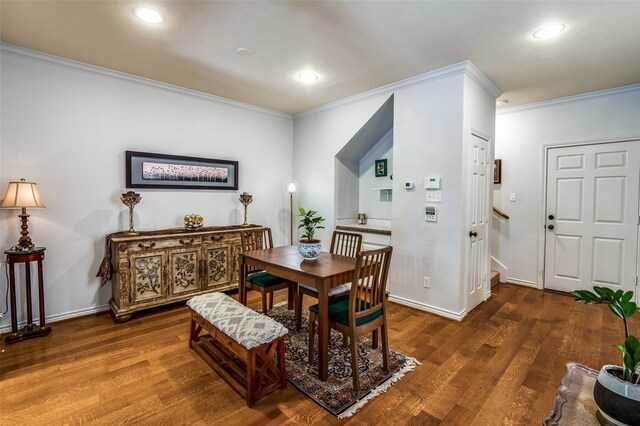 17342 Remington Park Pl, Dallas, TX 75252 - dining area featuring crown molding, wood finished floors, recessed lighting, and stairway