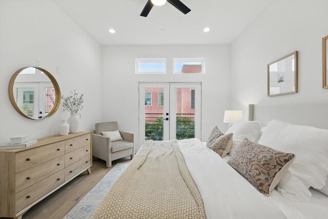 4208 Live Oak St Unit 102, Dallas, TX 75204 - bedroom featuring french doors, wood finished floors, access to exterior, a ceiling fan, and recessed lighting