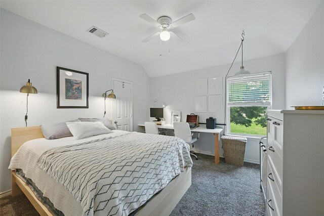 1828 Brown Thrasher Blvd, Savannah, TX 76227 - bedroom featuring carpet, vaulted ceiling, an office area, and a ceiling fan