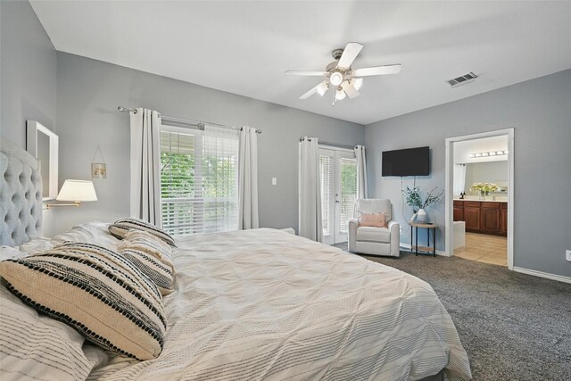 1828 Brown Thrasher Blvd, Savannah, TX 76227 - bedroom with access to exterior, carpet flooring, ceiling fan, and connected bathroom