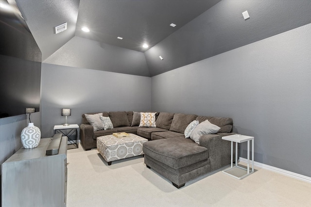8417 Wembley, The Colony, TX 75056 - home theater featuring light colored carpet, lofted ceiling, and recessed lighting