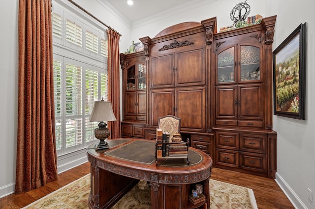 4896 Corinthian Bay Dr, Frisco, TX 75034 - home office with dark wood-style flooring and ornamental molding