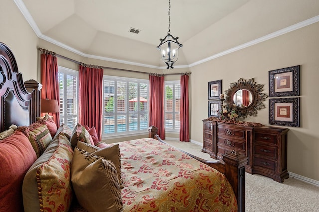 4896 Corinthian Bay Dr, Frisco, TX 75034 - bedroom featuring light carpet, a tray ceiling, a chandelier, and ornamental molding
