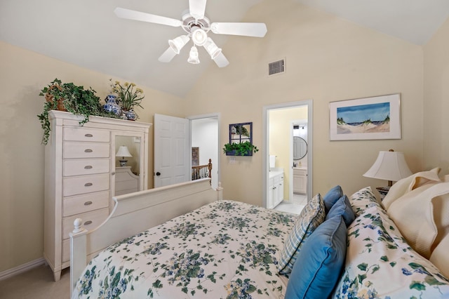 4896 Corinthian Bay Dr, Frisco, TX 75034 - bedroom with high vaulted ceiling, ensuite bathroom, ceiling fan, and light carpet