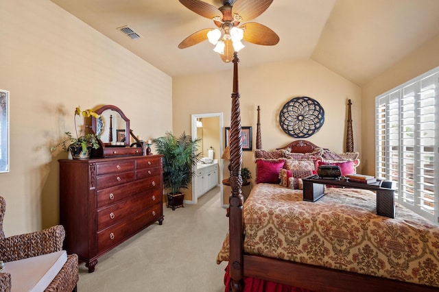4896 Corinthian Bay Dr, Frisco, TX 75034 - bedroom with light carpet, vaulted ceiling, a ceiling fan, and ensuite bathroom