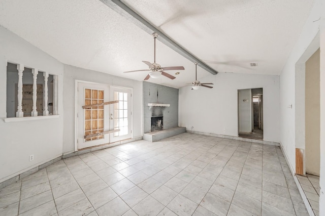 3922 Greenway Dr, Garland, TX 75041 - unfurnished living room featuring ceiling fan, a fireplace, a textured ceiling, and light tile patterned floors