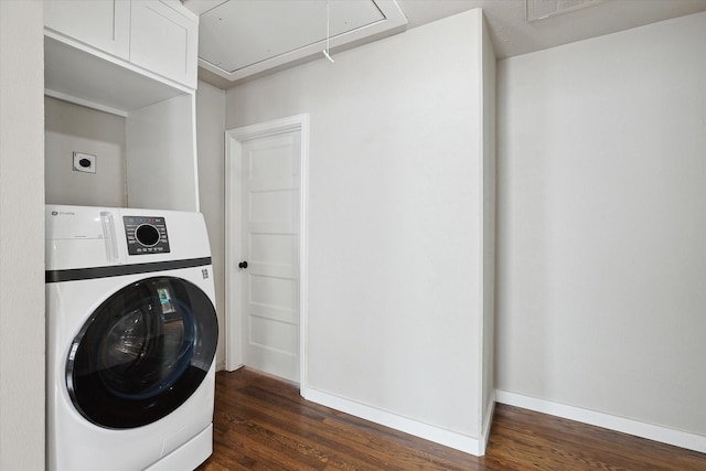 3620 Stadium Dr, Fort Worth, TX 76109 - laundry area with washer / dryer, attic access, and dark wood-style flooring