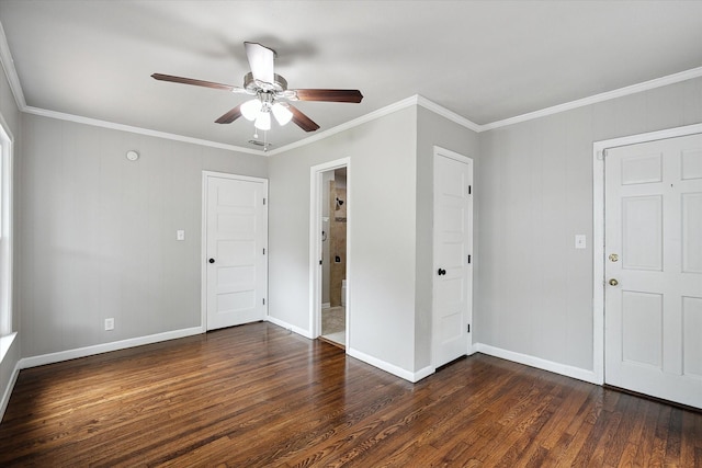 3620 Stadium Dr, Fort Worth, TX 76109 - unfurnished bedroom featuring dark wood-style flooring, crown molding, and ceiling fan