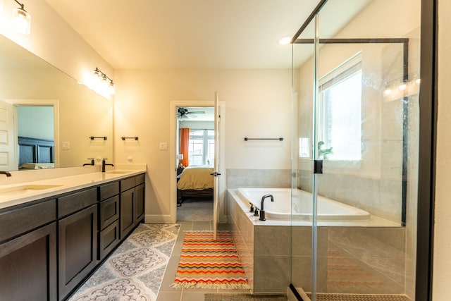 8849 Redding St, North Richland Hills, TX 76180 - full bathroom featuring connected bathroom, double vanity, tile patterned floors, a garden tub, and a shower with shower door