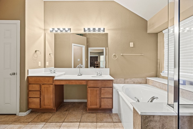 3301 Marymount Dr, Denton, TX 76210 - full bath with a bath, double vanity, lofted ceiling, and healthy amount of natural light