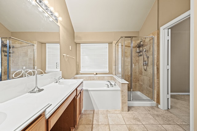 3301 Marymount Dr, Denton, TX 76210 - bathroom with a bath, double vanity, a stall shower, and lofted ceiling