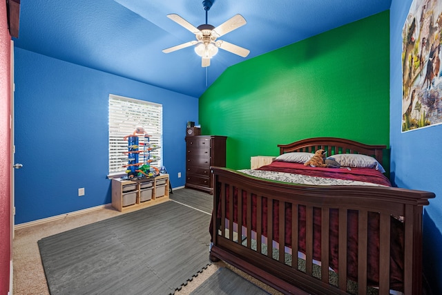 3301 Marymount Dr, Denton, TX 76210 - bedroom with vaulted ceiling, a ceiling fan, and radiator