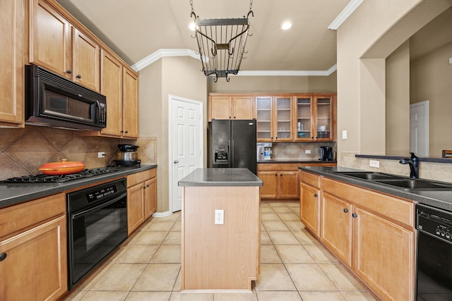 3301 Marymount Dr, Denton, TX 76210 - kitchen featuring black appliances, crown molding, a center island, dark countertops, and glass insert cabinets