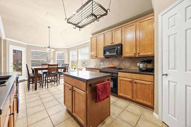 3301 Marymount Dr, Denton, TX 76210 - kitchen featuring black microwave, wall oven, dark countertops, tasteful backsplash, and light tile patterned floors