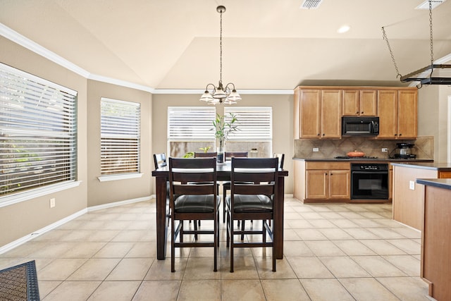 3301 Marymount Dr, Denton, TX 76210 - dining area with a chandelier, lofted ceiling, ornamental molding, and light tile patterned flooring