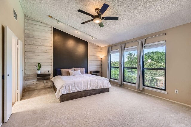 2202 Southern Ct, Carrollton, TX 75006 - carpeted bedroom featuring lofted ceiling, a textured ceiling, wood walls, rail lighting, and a ceiling fan