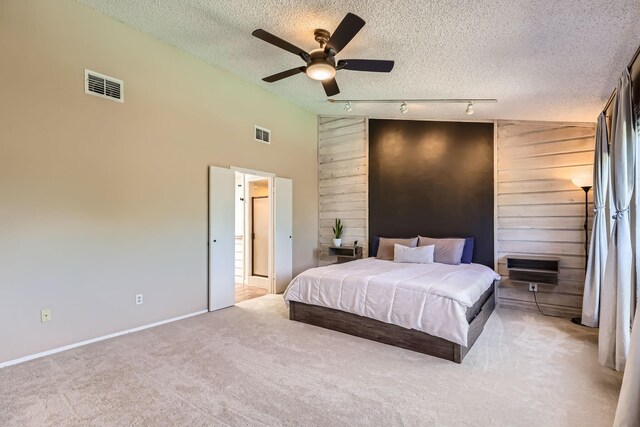 2202 Southern Ct, Carrollton, TX 75006 - bedroom featuring track lighting, wooden walls, light carpet, a textured ceiling, and high vaulted ceiling