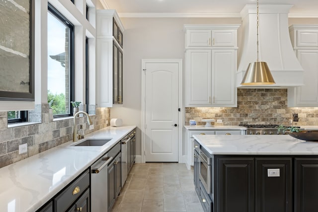 5724 Bellaria Ct, Flower Mound, TX 75022 - kitchen with white cabinetry, stainless steel appliances, light stone countertops, glass insert cabinets, and backsplash