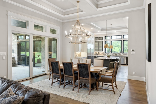 5724 Bellaria Ct, Flower Mound, TX 75022 - dining area featuring a tray ceiling, wood finished floors, crown molding, a chandelier, and recessed lighting