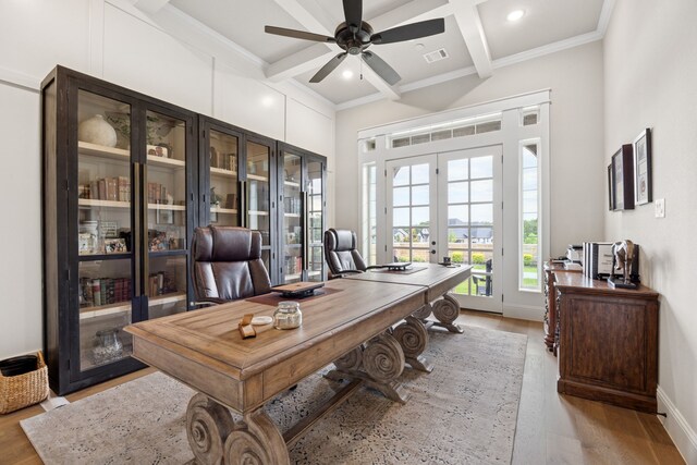 5724 Bellaria Ct, Flower Mound, TX 75022 - home office featuring french doors, coffered ceiling, a ceiling fan, wood finished floors, and beam ceiling