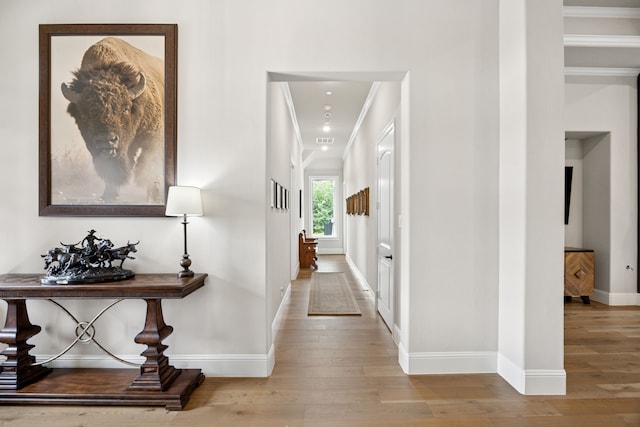 5724 Bellaria Ct, Flower Mound, TX 75022 - corridor featuring crown molding and hardwood / wood-style floors