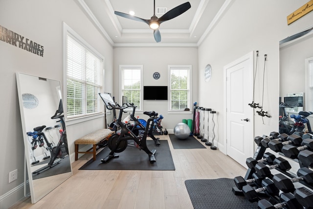 5724 Bellaria Ct, Flower Mound, TX 75022 - exercise area with wood finished floors, ornamental molding, ceiling fan, and a tray ceiling