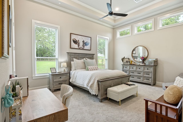 5724 Bellaria Ct, Flower Mound, TX 75022 - bedroom with ornamental molding, multiple windows, light colored carpet, and ceiling fan