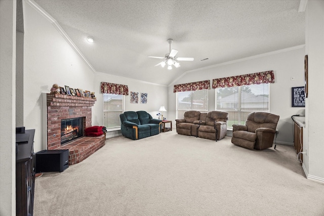 2918 Beau Dr, Mesquite, TX 75181 - carpeted living room featuring lofted ceiling, crown molding, healthy amount of natural light, a ceiling fan, and a brick fireplace