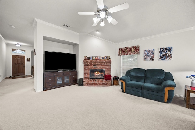 2918 Beau Dr, Mesquite, TX 75181 - living room featuring crown molding, carpet flooring, ceiling fan, healthy amount of natural light, and a fireplace