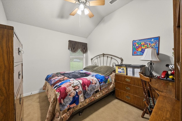 2918 Beau Dr, Mesquite, TX 75181 - bedroom with light carpet, lofted ceiling, and a ceiling fan