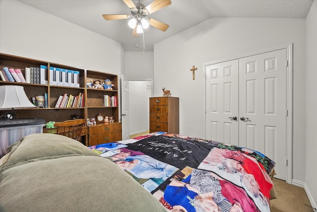 2918 Beau Dr, Mesquite, TX 75181 - bedroom with a closet, vaulted ceiling, carpet, and ceiling fan