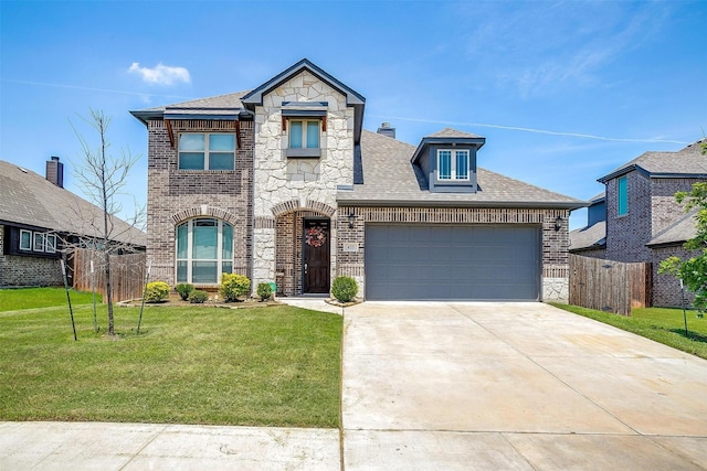 433 Joseph Ln, Crowley, TX 76036 - french country style house with brick siding, an attached garage, concrete driveway, stone siding, and a shingled roof