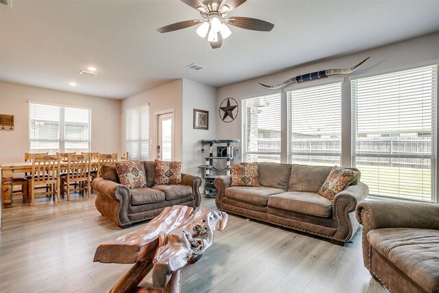 433 Joseph Ln, Crowley, TX 76036 - living room with light wood-type flooring, a ceiling fan, and recessed lighting