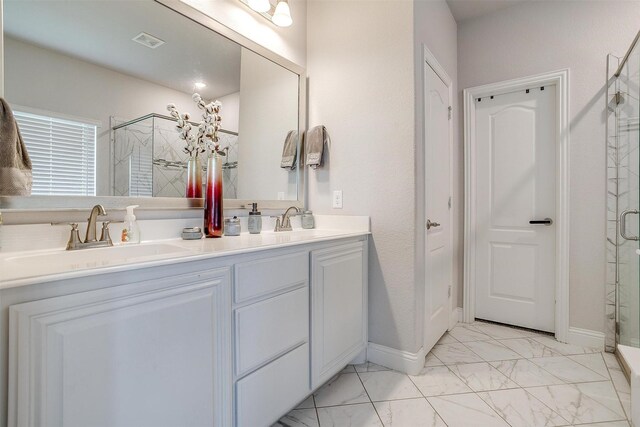 433 Joseph Ln, Crowley, TX 76036 - full bath featuring a shower stall, marble look tiles, and double vanity