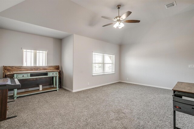 433 Joseph Ln, Crowley, TX 76036 - unfurnished living room featuring carpet, healthy amount of natural light, ceiling fan, and lofted ceiling