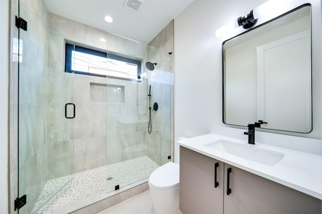 3825 Munger Ave, Dallas, TX 75206 - full bathroom with vanity, a stall shower, and recessed lighting