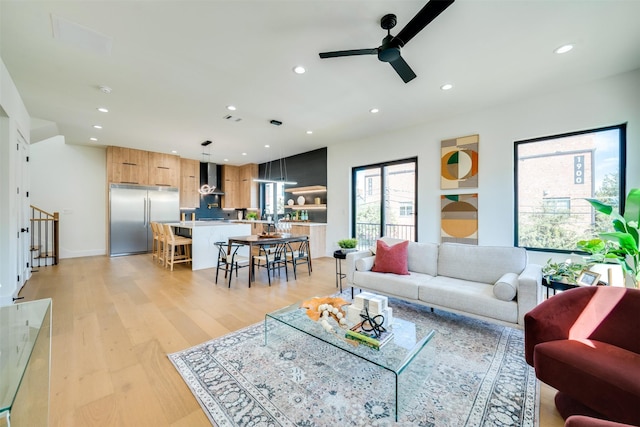 3825 Munger Ave, Dallas, TX 75206 - living area with recessed lighting, ceiling fan, and light wood-style floors