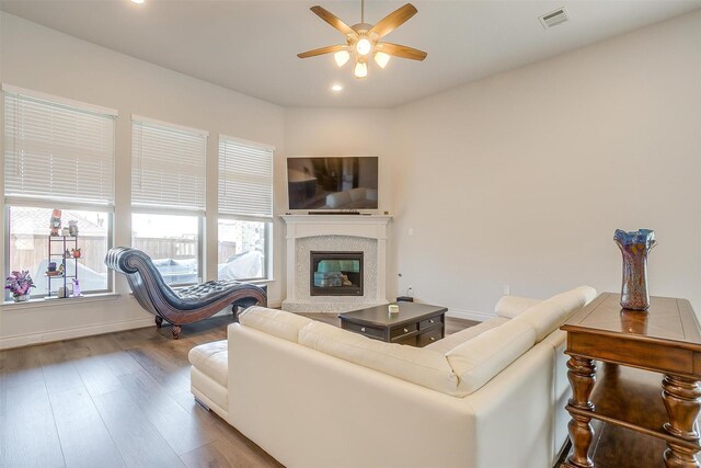 5729 Violet Crown Pl, Fort Worth, TX 76126 - living area featuring ceiling fan, wood finished floors, a fireplace, and recessed lighting