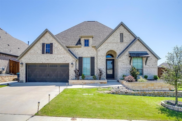 5729 Violet Crown Pl, Fort Worth, TX 76126 - french country inspired facade featuring brick siding, concrete driveway, an attached garage, and a shingled roof