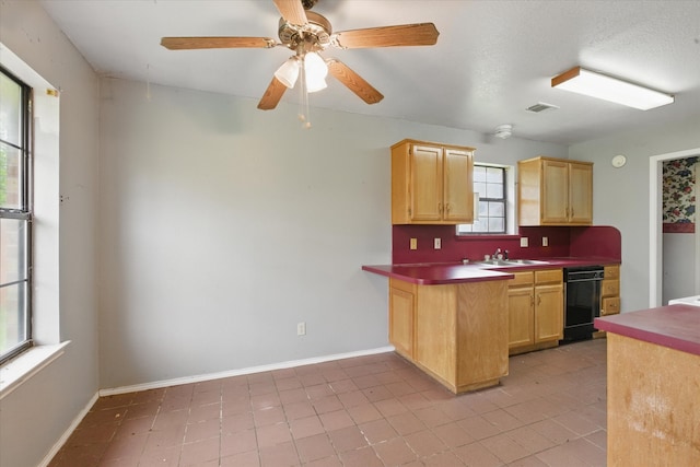220 Brook Cir, Krum, TX 76249 - kitchen with dishwasher, light brown cabinets, light tile patterned floors, and a ceiling fan