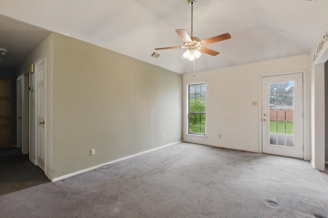 220 Brook Cir, Krum, TX 76249 - empty room featuring carpet flooring, healthy amount of natural light, vaulted ceiling, and a ceiling fan