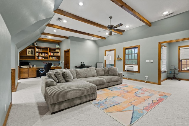 425 W Belden St, Sherman, TX 75092 - carpeted living area featuring built in desk, recessed lighting, ceiling fan, beam ceiling, and cooling unit