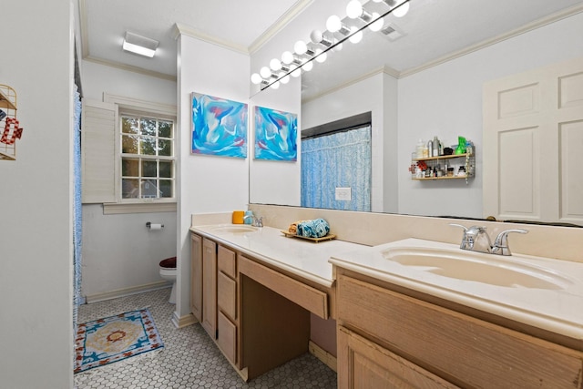 425 W Belden St, Sherman, TX 75092 - full bath with ornamental molding, double vanity, tile patterned floors, and a shower with curtain
