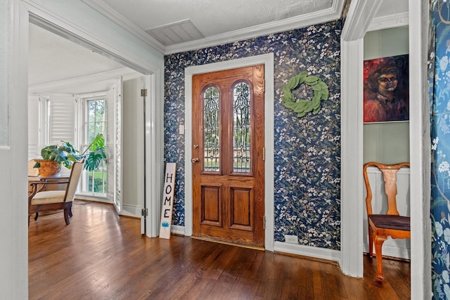 425 W Belden St, Sherman, TX 75092 - entryway with wallpapered walls, dark wood-type flooring, and crown molding