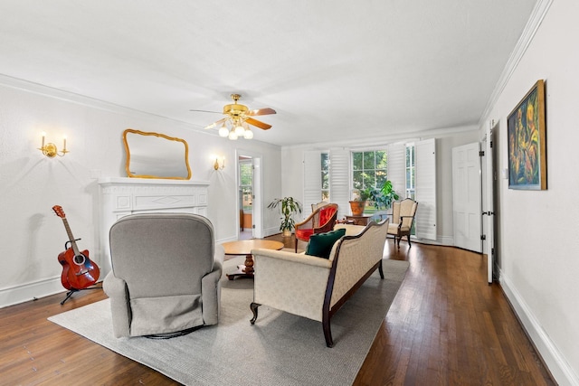 425 W Belden St, Sherman, TX 75092 - living area featuring crown molding, dark wood-style floors, a fireplace, and ceiling fan