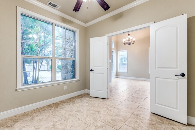 302 Shire Ln, Celina, TX 75009 - unfurnished room featuring ornamental molding, a chandelier, a ceiling fan, and light tile patterned flooring
