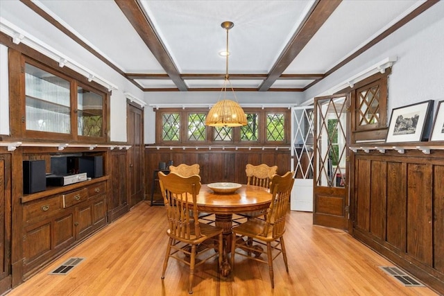 1600 S Adams St, Fort Worth, TX 76104 - dining room featuring light wood-style floors, beamed ceiling, coffered ceiling, a wainscoted wall, and wood walls